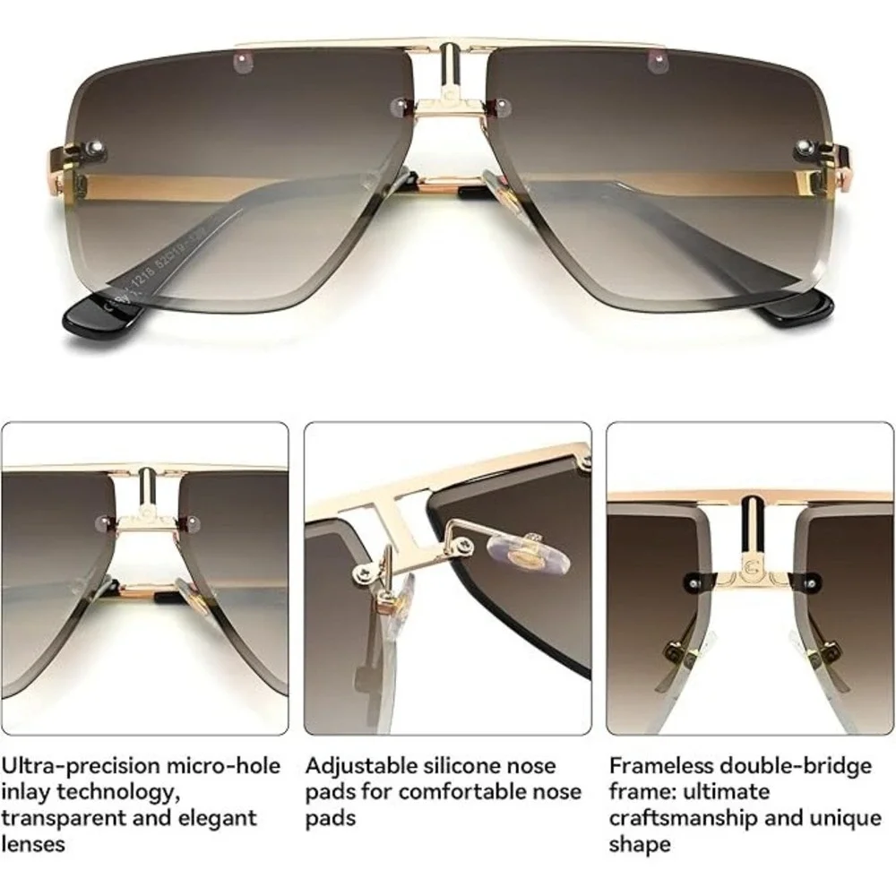 Men's Oversized Square Rimless Sunglasses Gold Double Bridge Gradient Brown Lens